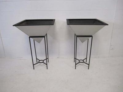 Oversized Inverted Pyramid Planters on Iron Stands Mid Century Modern