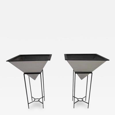 Oversized Inverted Pyramid Planters on Iron Stands Mid Century Modern