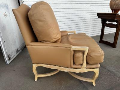 Oversized Leather French Provincial Style Pickled Oak Bergere