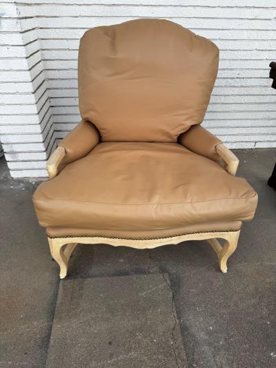 Oversized Leather French Provincial Style Pickled Oak Bergere