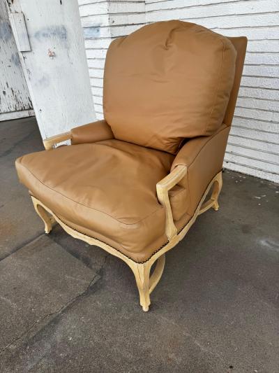 Oversized Leather French Provincial Style Pickled Oak Bergere