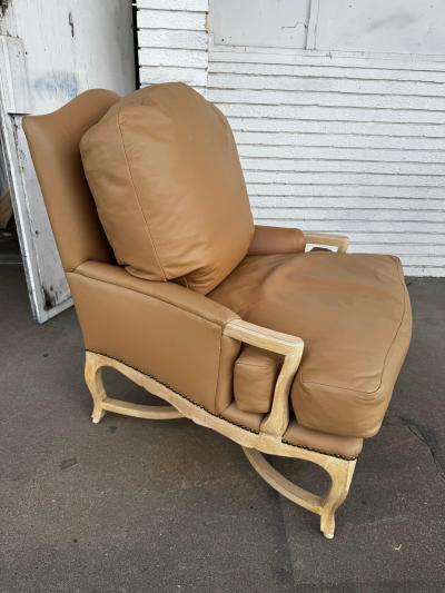 Oversized Leather French Provincial Style Pickled Oak Bergere