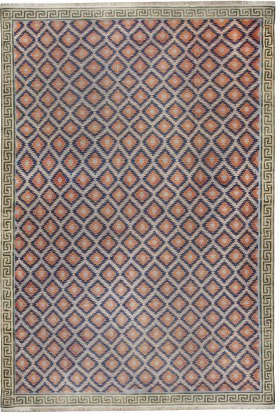 Oversized Mid 20th Century Blue Red Violet Green Indian Dhurrie Cotton Rug