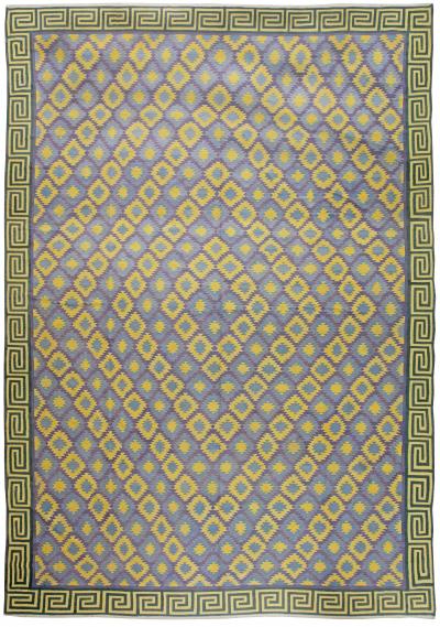 Oversized Mid 20th Century Indian Dhurrie Blue Purple Yellow Cotton Rug