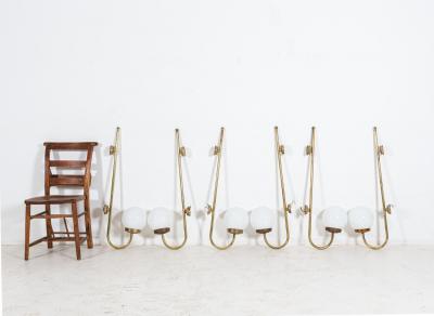 Oversized Pair of Parisian Brass Opaline Hotel Wall Sconces