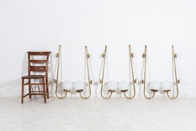 Oversized Pair of Parisian Brass Opaline Hotel Wall Sconces