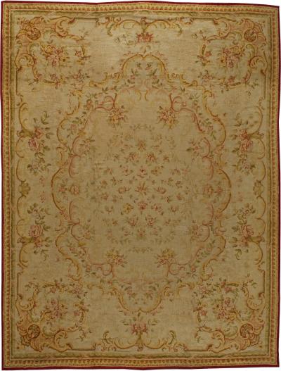 Oversized Savonnerie Antique Beige Handmade Wool Rug