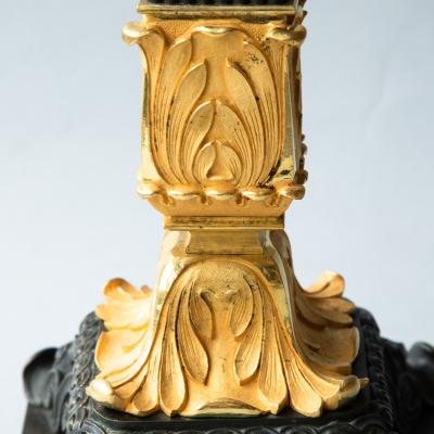 PAIR FIVE ARM LOUIS PHILIP PATINATED AND GILT BRONZE CANDELABRA Circa 1840