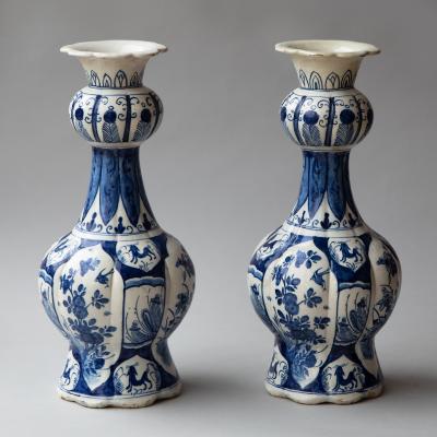 PAIR OF 18TH CENTURY DUTCH DELFT BLUE AND WHITE WAISTED BOTTLE VASE