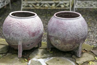 PAIR OF 1920S FRENCH CAST IRON JARDINIERES WITH ORIGINAL PURPLE PAINT