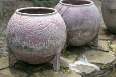 PAIR OF 1920S FRENCH CAST IRON JARDINIERES WITH ORIGINAL PURPLE PAINT
