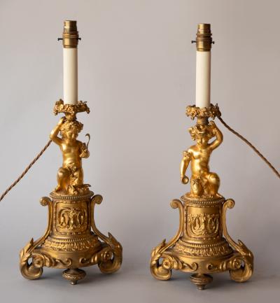 PAIR OF 19TH CENTURY GILT BRONZE CANDLESTICKS CONVERTED TO TABLE LAMPS