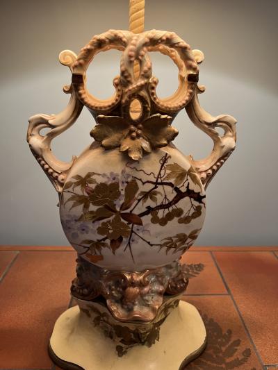 PAIR OF ART NOUVEAU EUROPEAN URN FORM CERAMIC LAMPS