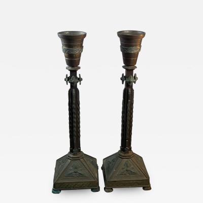 PAIR OF BRONZE GOTHIC CANDLESTICKS