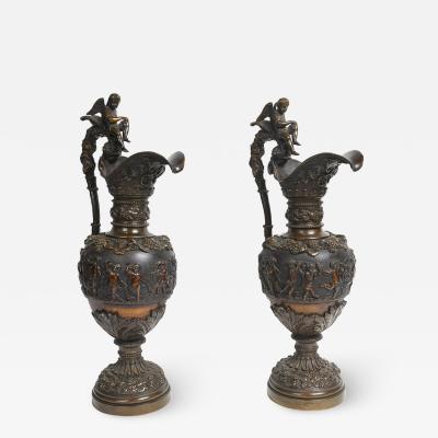 PAIR OF BRONZE PATINATED FRENCH RENAISSANCE STYLE EWERS