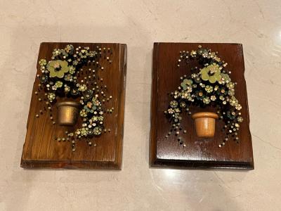 PAIR OF BRUTALIST ENAMEL FLOWER NAIL ART WALL ART