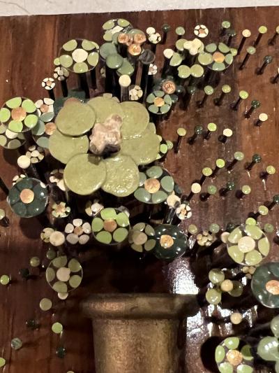 PAIR OF BRUTALIST ENAMEL FLOWER NAIL ART WALL ART