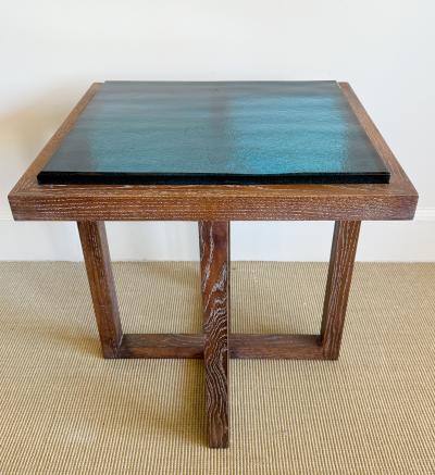 PAIR OF CERUSED OAK TABLES WITH SAIN GOBAIN GLASS TOPS
