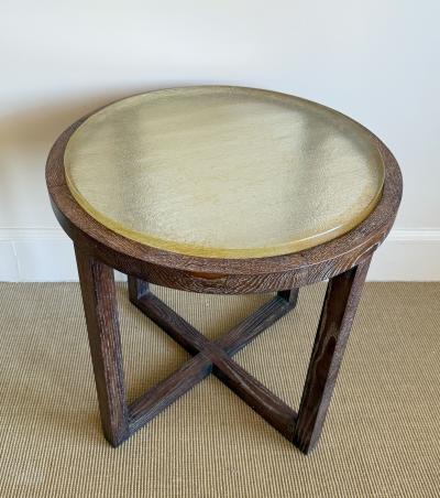 PAIR OF CERUSED OAK TABLES WITH SAIN GOBAIN GLASS TOPS