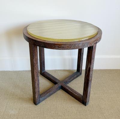 PAIR OF CERUSED OAK TABLES WITH SAIN GOBAIN GLASS TOPS