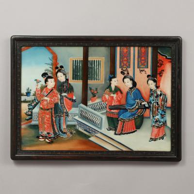 PAIR OF CHINESE COURTYARD SCENES WITH FIGURES