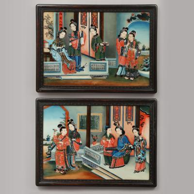 PAIR OF CHINESE COURTYARD SCENES WITH FIGURES