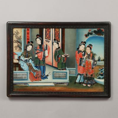 PAIR OF CHINESE COURTYARD SCENES WITH FIGURES