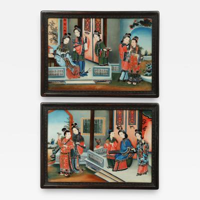 PAIR OF CHINESE COURTYARD SCENES WITH FIGURES