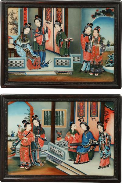 PAIR OF CHINESE COURTYARD SCENES WITH FIGURES