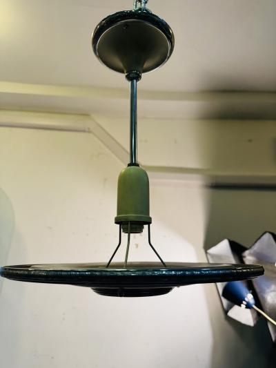 PAIR OF CHROME CREAM ENAMEL ART DECO SPACE DISC LIGHT FIXTURES