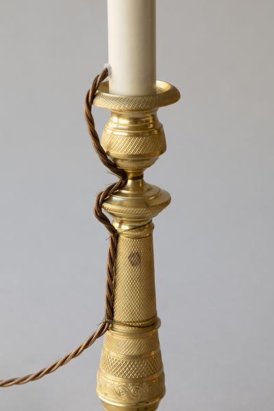 PAIR OF EARLY 19TH CENTURY GILT BRONZE CANDLESTICKS CONVERTED TO TABLE LAMPS