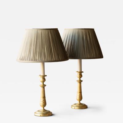 PAIR OF EARLY 19TH CENTURY GILT BRONZE CANDLESTICKS CONVERTED TO TABLE LAMPS