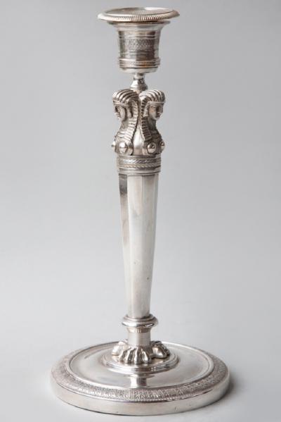 PAIR OF EARLY 19TH CENTURY RETOUR DEGYPTE SILVER PLATED BRONZE CANDLESTICKS