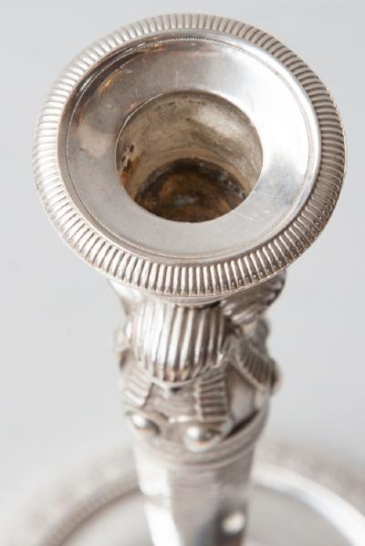 PAIR OF EARLY 19TH CENTURY RETOUR DEGYPTE SILVER PLATED BRONZE CANDLESTICKS