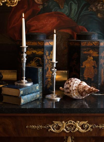 PAIR OF EARLY 19TH CENTURY RETOUR DEGYPTE SILVER PLATED BRONZE CANDLESTICKS