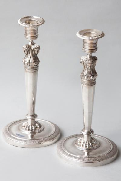 PAIR OF EARLY 19TH CENTURY RETOUR DEGYPTE SILVER PLATED BRONZE CANDLESTICKS