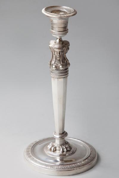 PAIR OF EARLY 19TH CENTURY RETOUR DEGYPTE SILVER PLATED BRONZE CANDLESTICKS