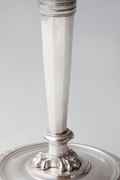 PAIR OF EARLY 19TH CENTURY RETOUR DEGYPTE SILVER PLATED BRONZE CANDLESTICKS