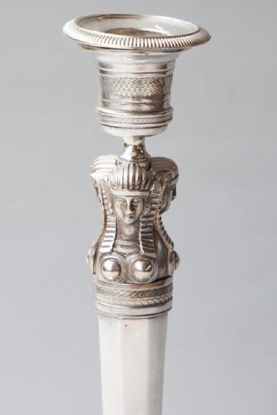 PAIR OF EARLY 19TH CENTURY RETOUR DEGYPTE SILVER PLATED BRONZE CANDLESTICKS