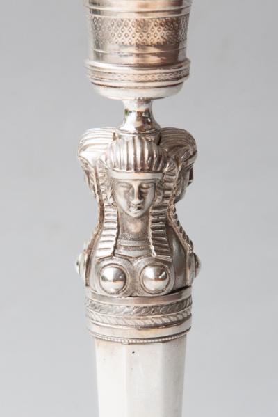 PAIR OF EARLY 19TH CENTURY RETOUR DEGYPTE SILVER PLATED BRONZE CANDLESTICKS