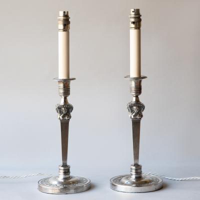 PAIR OF EMPIRE PERIOD SILVER CANDLESTICKS CONVERTED TO TABLE LAMPS
