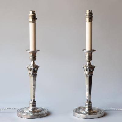 PAIR OF EMPIRE PERIOD SILVER CANDLESTICKS CONVERTED TO TABLE LAMPS