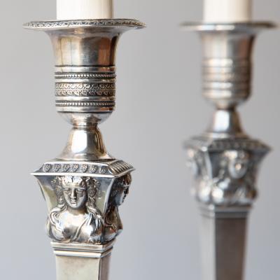 PAIR OF EMPIRE PERIOD SILVER CANDLESTICKS CONVERTED TO TABLE LAMPS