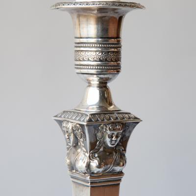 PAIR OF EMPIRE PERIOD SILVER CANDLESTICKS CONVERTED TO TABLE LAMPS
