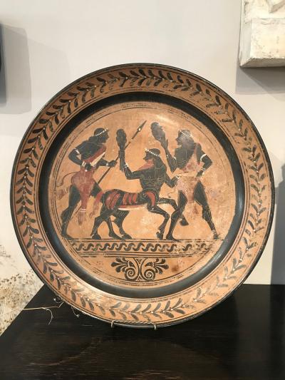 PAIR OF ETRUSCAN STYLE HAND PAINTED TERRACOTTA CHARGERS