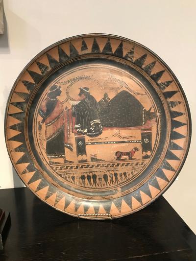 PAIR OF ETRUSCAN STYLE HAND PAINTED TERRACOTTA CHARGERS