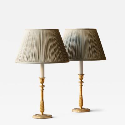 PAIR OF FINE QUALITY GILT BRONZE CANDLESTICKS CONVERTED TO TABLE LAMPS