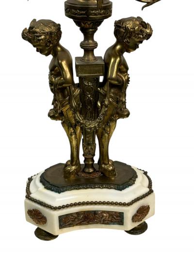 PAIR OF FRENCH 19TH CENTURY BRONZE MARBLE FIVE CANDLE CUP SATYR CANDELABRA