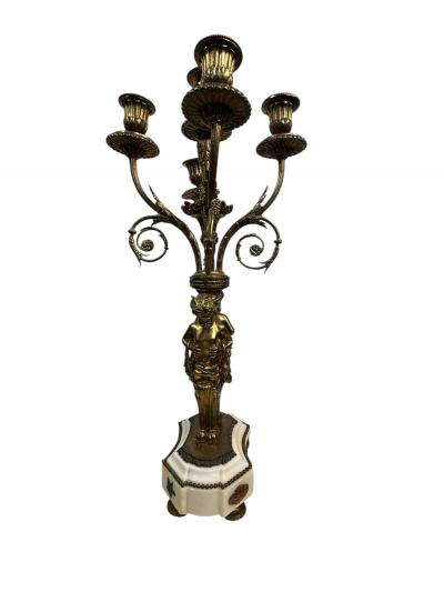 PAIR OF FRENCH 19TH CENTURY BRONZE MARBLE FIVE CANDLE CUP SATYR CANDELABRA