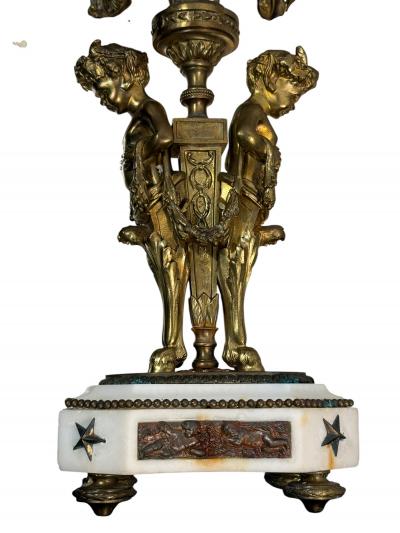 PAIR OF FRENCH 19TH CENTURY BRONZE MARBLE FIVE CANDLE CUP SATYR CANDELABRA